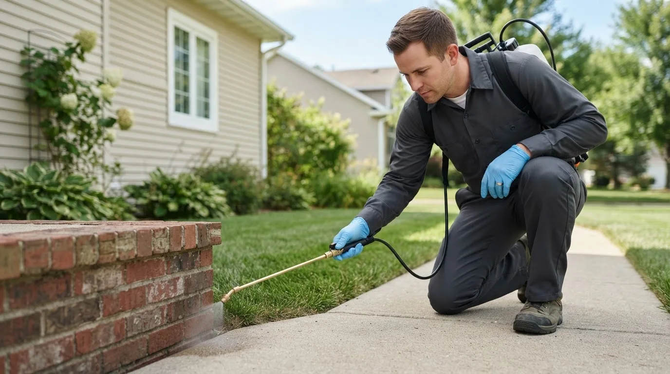 Pest control technician treating a home near New Palestine, IN