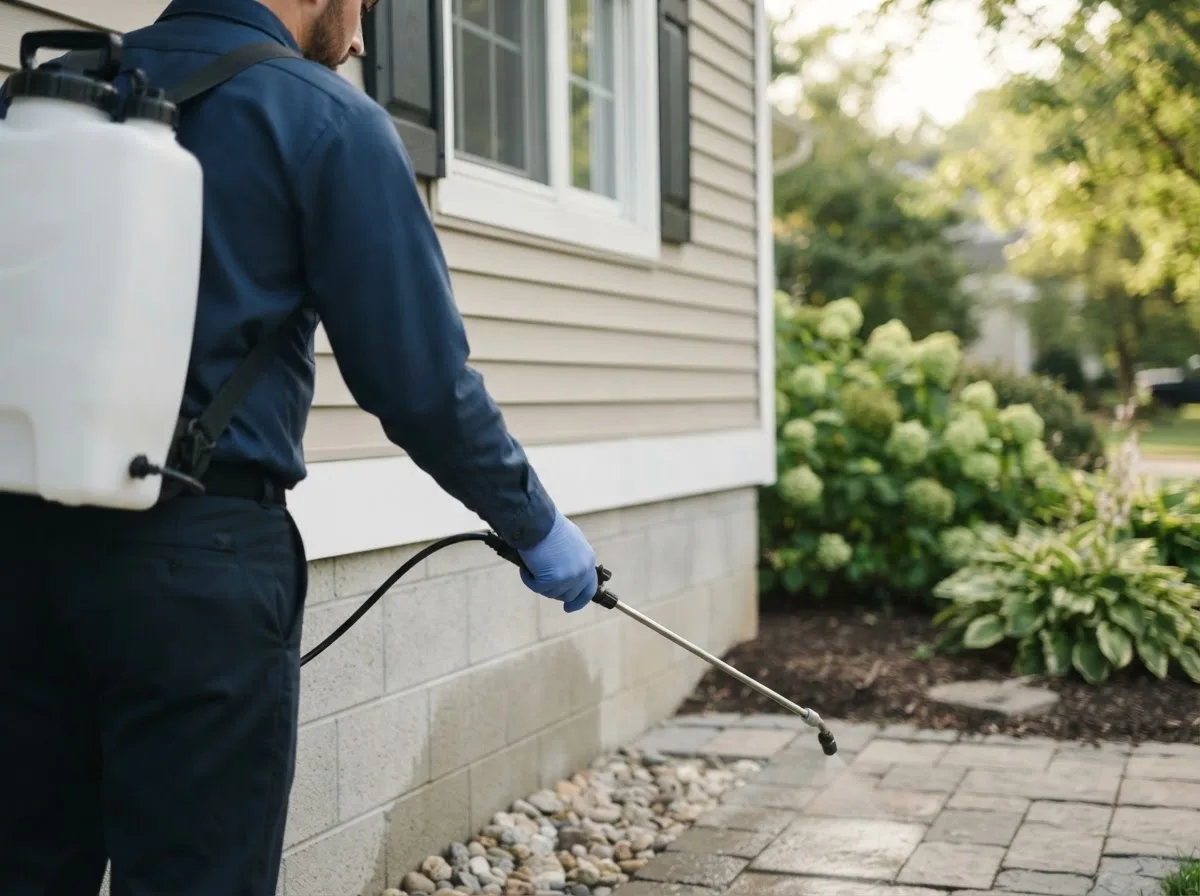 Pest control technician inspecting a home in New Palestine, IN